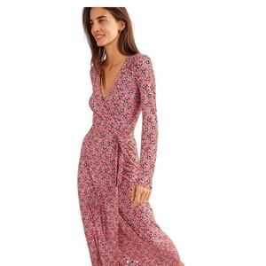 Boden Red Floral Jersey Knit Wrap Dress Maxi Length Red & Black Floral Size 12